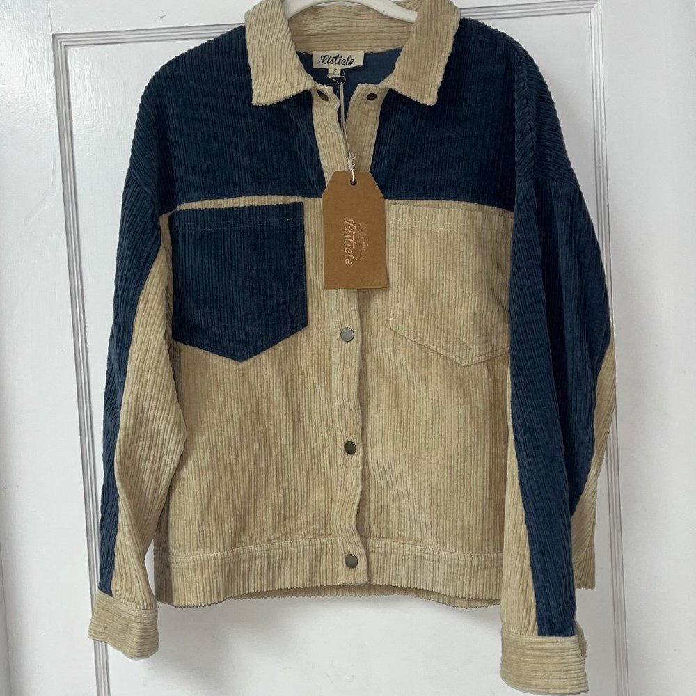 Listicle Corduroy Jacket in Navy and Tan, Size Small